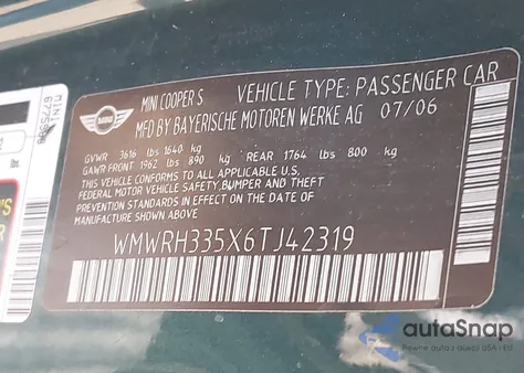 2006 Mini Cooper S из США, поврежденный, VIN WMWRH335X6TJ42319